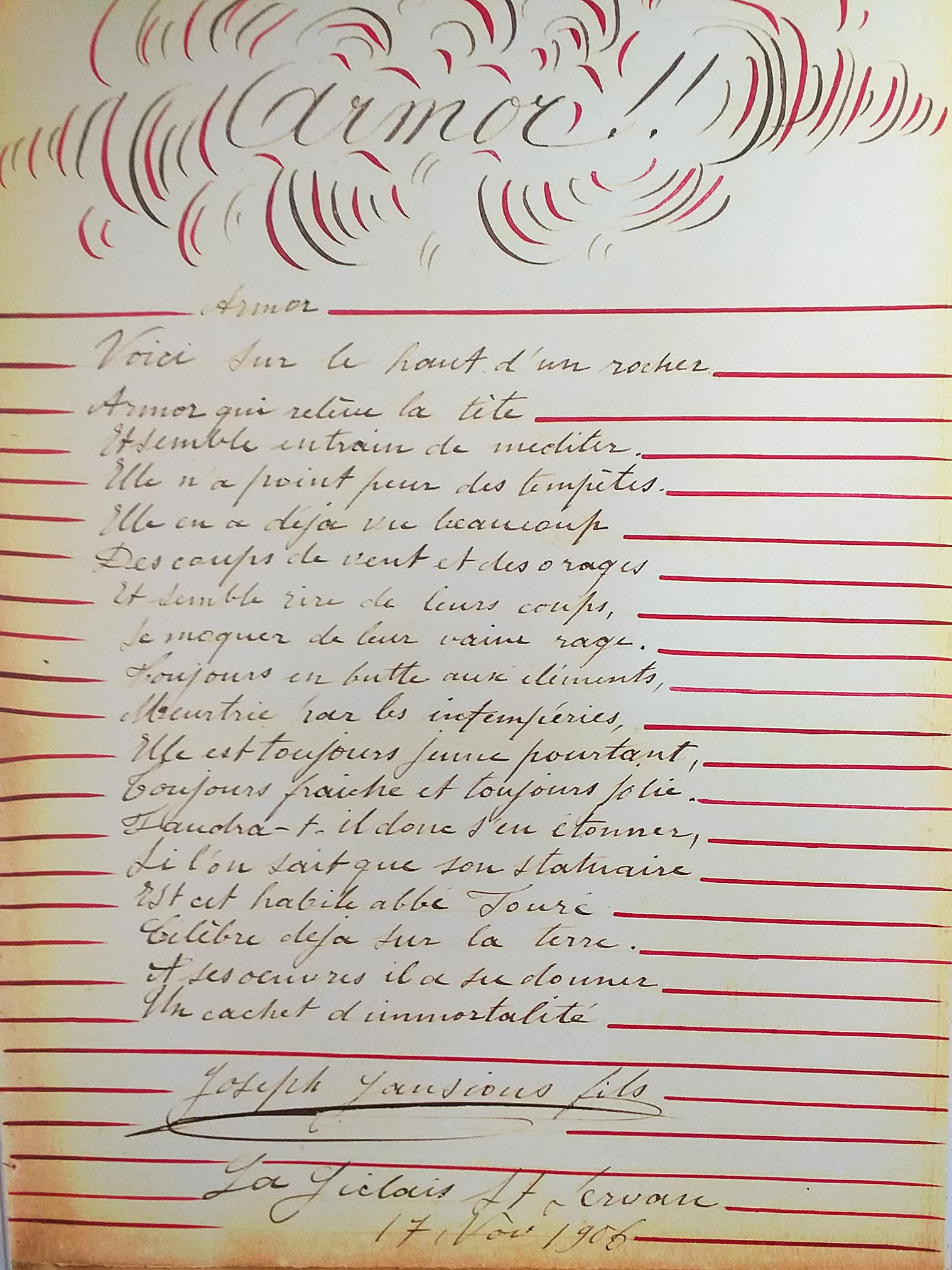 Poème à Armor, issu du Livre d'Or de l'Abbé Fouré, 1906